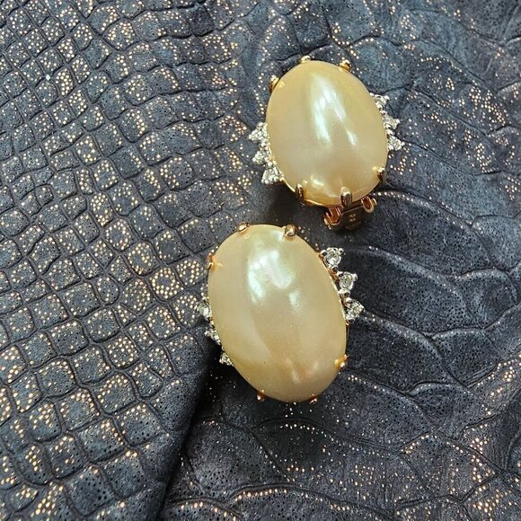 Vintage Gold Tone Clip-On Very Large Faux Pearl Earrings With Rhinestone Accents - Picture 1 of 10